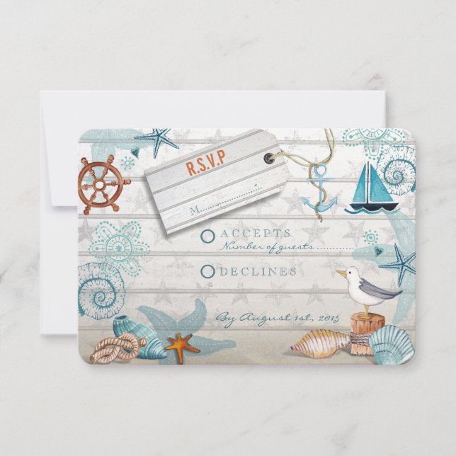 Rustic Blue Wooden Nautical Beach | OSA BRÖLLOP Kort (Framsida)
