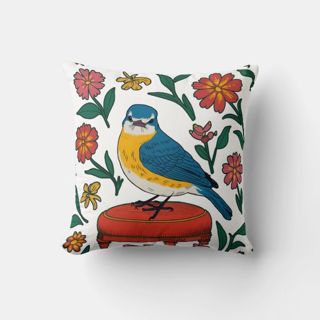 Rustic Bluebird på Pouf i Folk Art Kudde (Framsida)