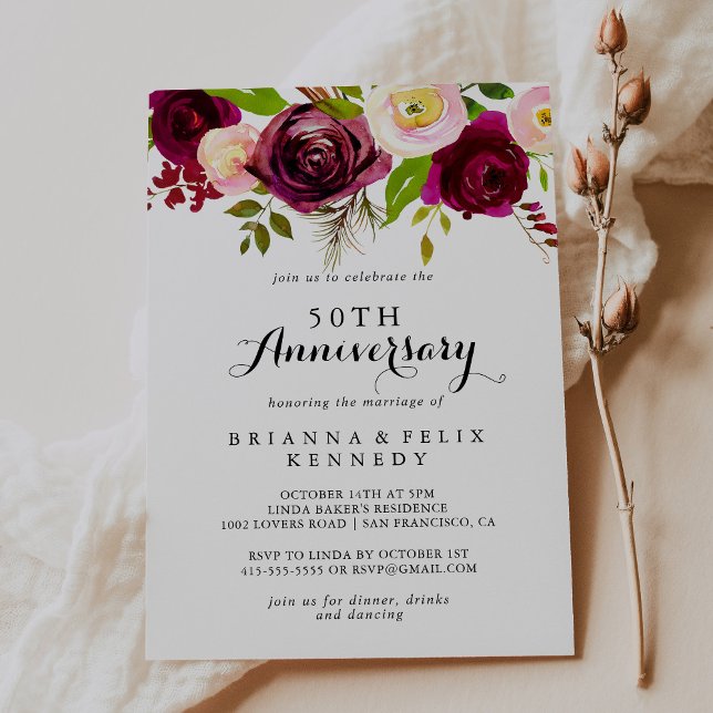 Rustic Blush Burgundy 50-årsjubileum för bröllop Inbjudningar (Skapare uppladdad)