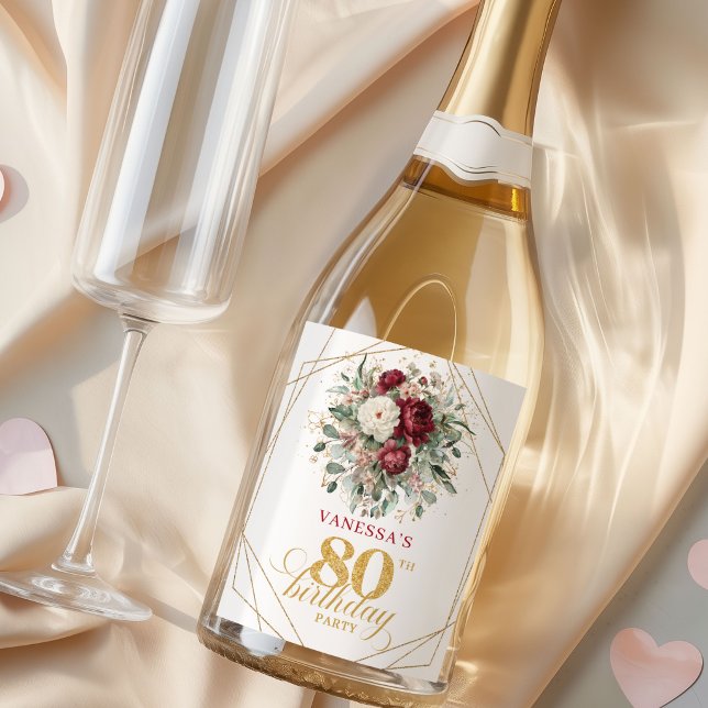 Rustic Blush Burgundy 80-års Champagne-etikett (Rustic Blush Burgundy 80th Birthday Champagne Labels)