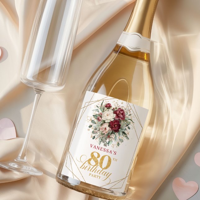 Rustic Blush Burgundy 80-års Champagne-etikett (Rustic Blush Burgundy 80th Birthday Champagne Labels)