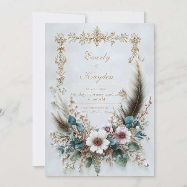 Rustic Blush Floral Feather Elegant Wedding Inbjudningar (Framsida)