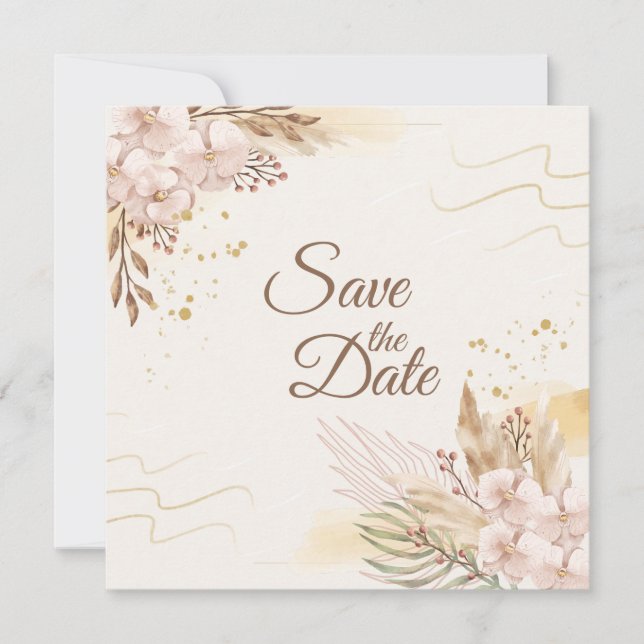 Rustic Blush & Gold Floral Boho Save the Date (Framsida)