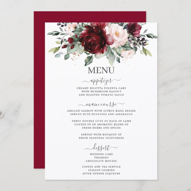 Rustic Blush Pink Burgundy Floral Wedding 5x7 Menu Program (Fram/baksida)