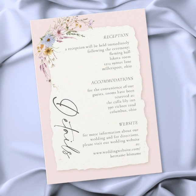 Rustic Blush Pink Romantic Wildflower Wedding Tilläggskort (Rustic Blush Pink Romantic Wildflower Wedding Enclosure Card)