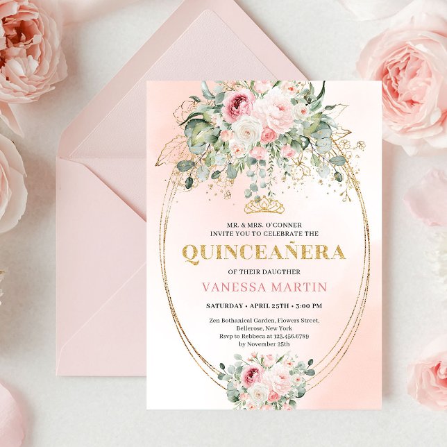 Rustic Blush Roses Eucalyptus Quinceañera Invite Inbjudningar (Rustic Blush Roses Eucalyptus Quinceañera Invitation)