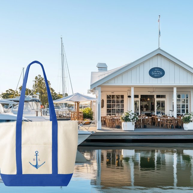 Rustic Boat Anchor Monogrammed Contrast Trim Tote Tygkasse (blue boat anchor monogrammed contrast trim tote bag)
