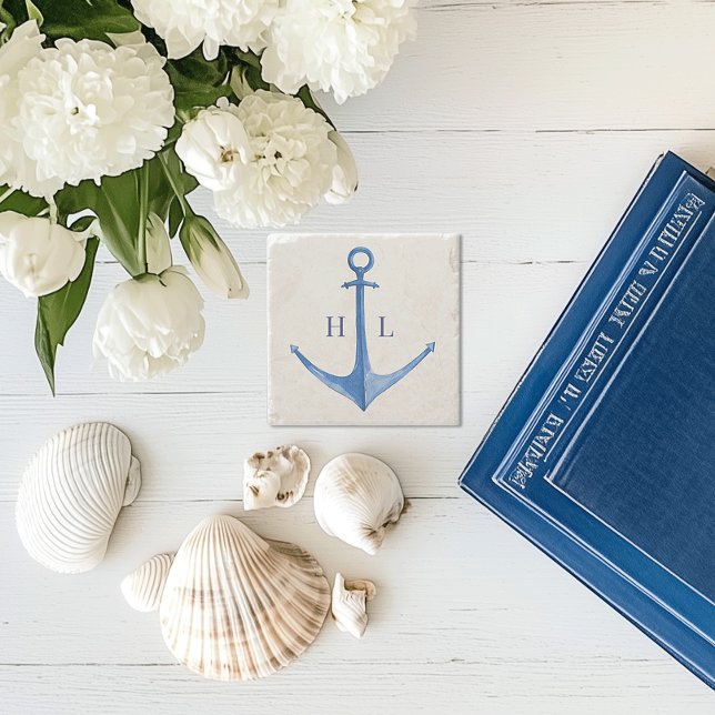 Rustic Boat Anchor Monogrammed Stenunderlägg (rustic watercolor boat anchor monogrammed stone coaster)