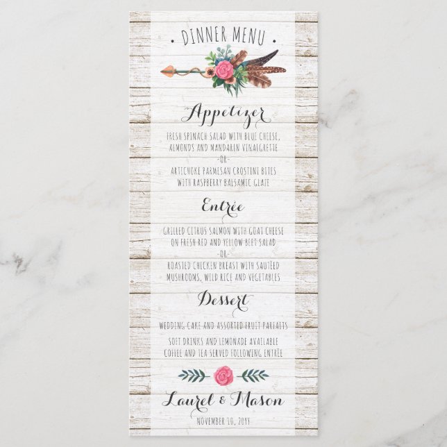 Rustic Bohemian Feathers Arrow Bröllop Dinner Menu Meny (Framsida)