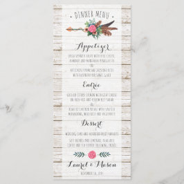 Rustic Bohemian Feathers Arrow Bröllop Dinner Menu Meny