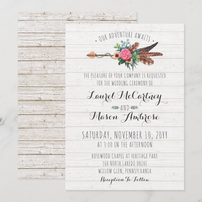 Rustic Bohemian Feathers Arrow Wedding bjudande Inbjudningar (Fram/baksida)