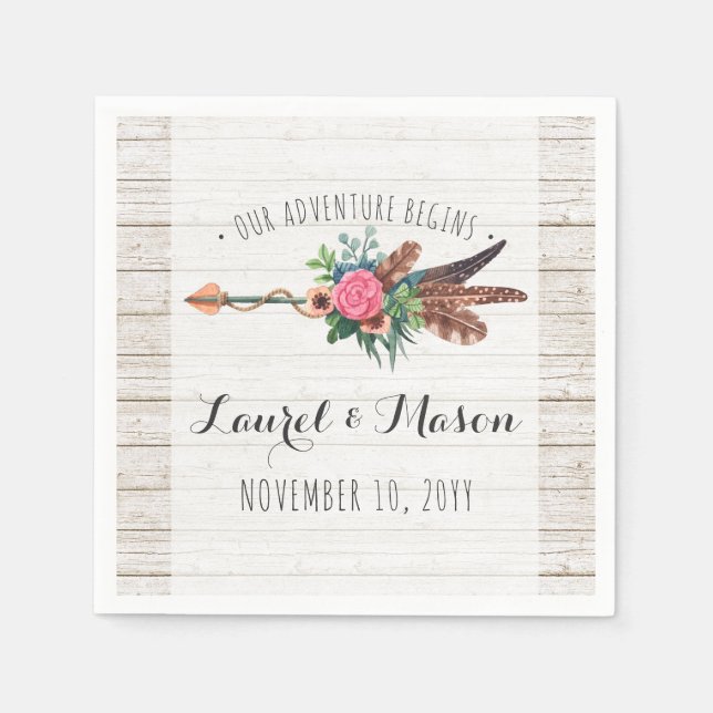 Rustic Bohemian Feathers Arrow Wedening Reception Pappersservett (Framsidan)