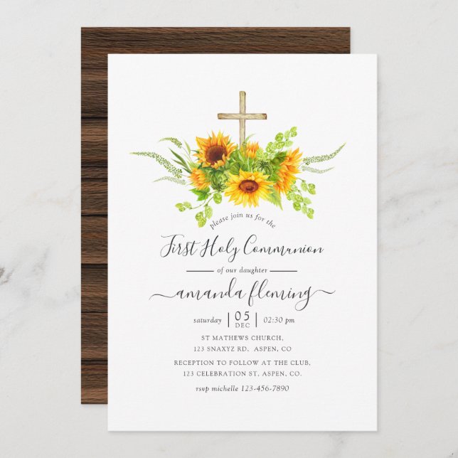Rustic Bohemian Sunblommor Heliga Communion Inbjudningar (Fram/baksida)