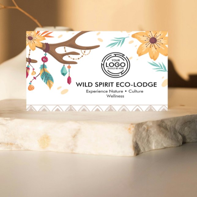 Rustic Boho Antlers, Feathers Pärlor Blommigt Trib Visitkort (featuring rustic boho artwork with antlers, feathers, beads, and floral accents. warm earth colors)