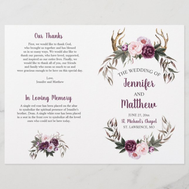 Rustic Boho Antlers Lila Plum Rosa Peonies (Framsida)