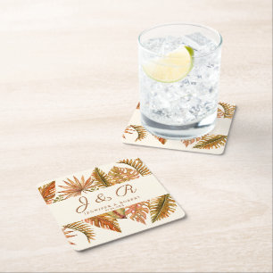 Rustic Boho Autumn Foliage Monogram Bröllop Underlägg Papper Kvadrat