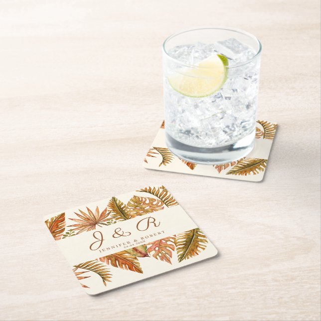 Rustic Boho Autumn Foliage Monogram Bröllop Underlägg Papper Kvadrat (Insitu)