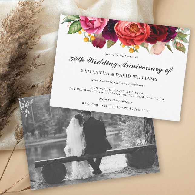 Rustic Boho Blommigt 50-årsdagen med Photo Inbjudningar (Add a favorite wedding photo to this lovely rustic 50th wedding anniversary invitation.
)
