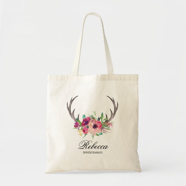Rustic Boho Blommigt Antlers Bröllop Bridesmaid Tygkasse (Framsidan)