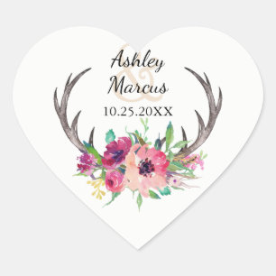 Rustic Boho Blommigt Antlers Bröllop Hjärtformat Klistermärke