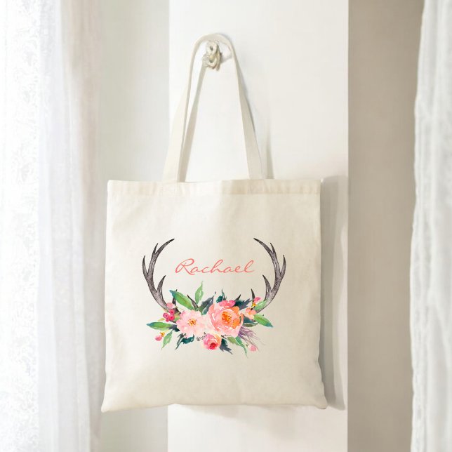 Rustic Boho Blommigt Antlers med Namn Tygkasse (Personalize with any name.)
