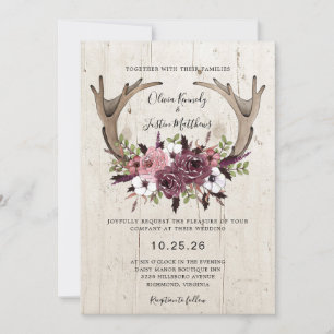 Rustic Boho Blommigt Antlers Wood Bröllop Inbjudningar