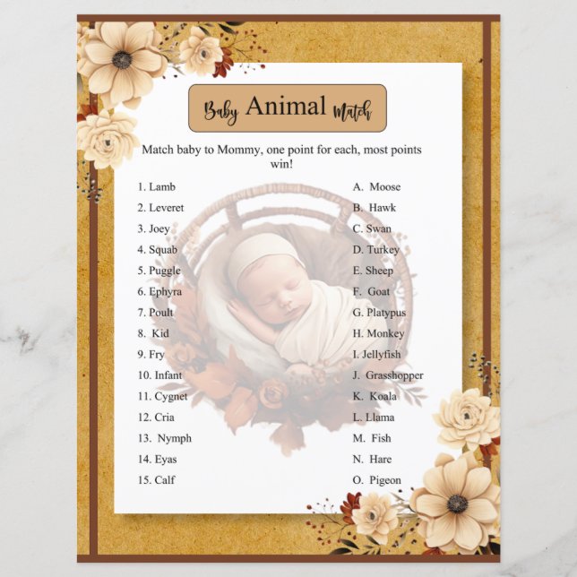 Rustic Boho Blommigt Baby Shower Animal Match Game (Framsida)
