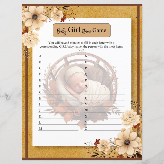 Rustic Boho Blommigt Baby Shower Flicka Namn Game (Framsida)
