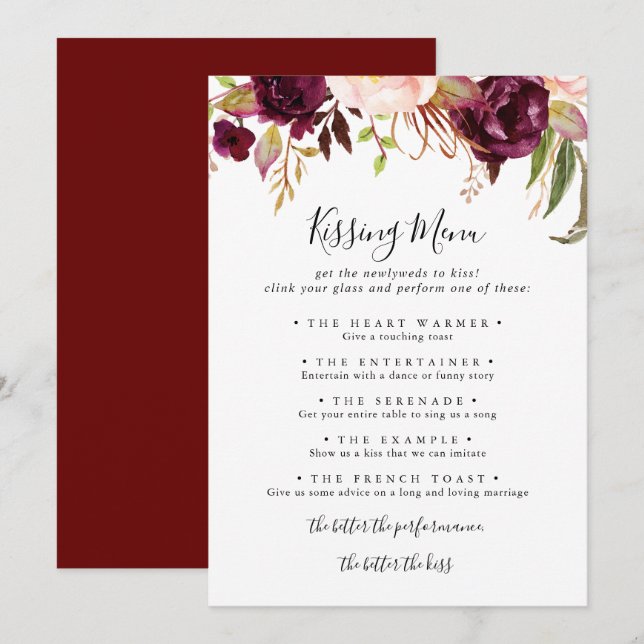 Rustic Boho Blommigt Bröllop Kissing Menu-spelkort (Fram/baksida)