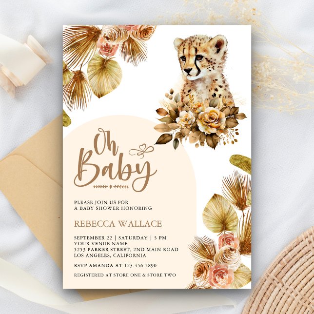 Rustic Boho Blommigt Cheetah Girl Baby Shower Inbjudningar (Skapare uppladdad)