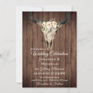 Rustic Boho Blommigt Cow Skull på Barnwood Bröllop Inbjudningar