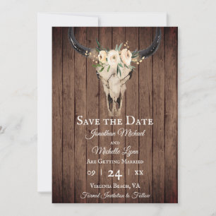 Rustic Boho Blommigt Cow Skull på Barnwood Bröllop Spara Datumet