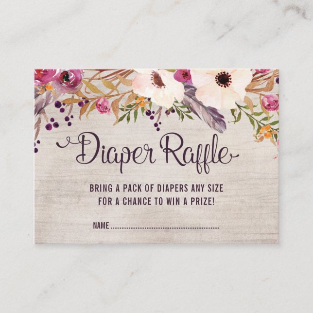 Rustic Boho Blommigt Diaper Raffle Card Tribal Bab Tilläggskort (Framsida)