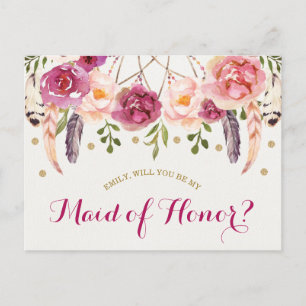 Rustic Boho Blommigt Dreamcatcher Maid of honor Ca Vykort
