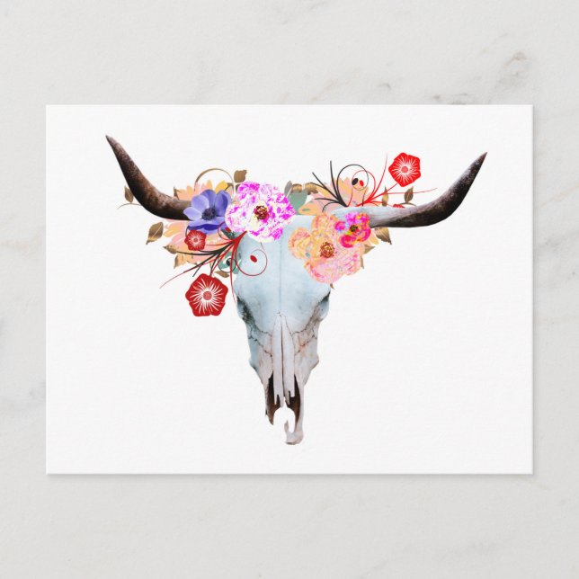 Rustic Boho Blommigt Longhorn Skull Vykort (Framsida)