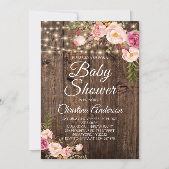 Rustic Boho Blommigt String Ljus Baby Shower Inbjudningar (Framsida)