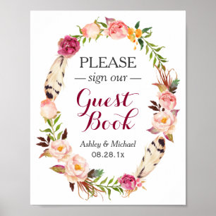 Rustic Boho Blommigt Wand Guestbook Bröllop-tecken Poster