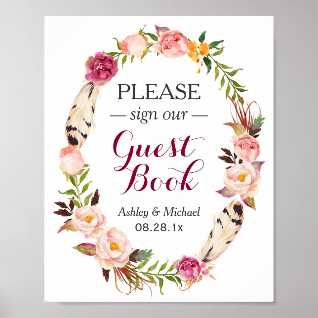 Rustic Boho Blommigt Wand Guestbook Bröllop-tecken Poster (Framsidan)