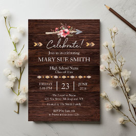 Rustic Boho Blommigt Wood Grain Studenten Inbjudningar