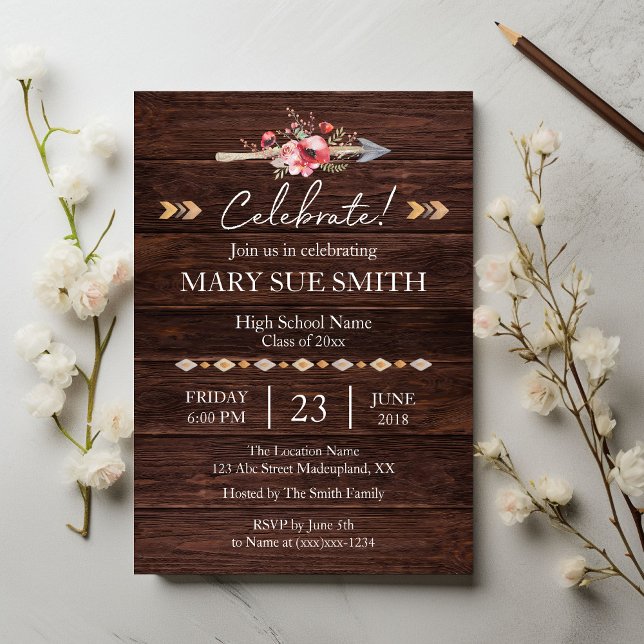 Rustic Boho Blommigt Wood Grain Studenten Inbjudningar (Skapare uppladdad)
