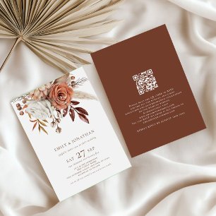 Rustic Boho Blommigts Brown Text QR Code Bröllop Inbjudningar