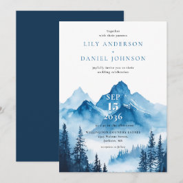 Rustic Boho Blue Watercolor Mountain Bröllop Inbjudningar
