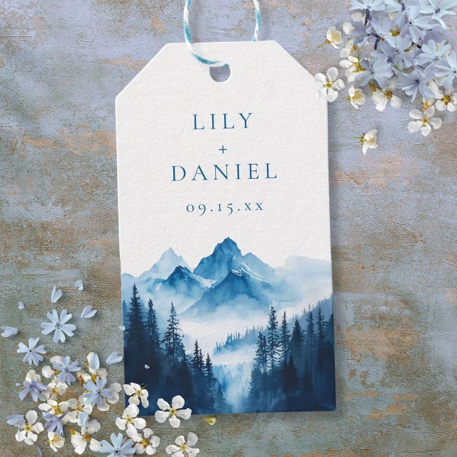 Rustic Boho Blue Watercolor Mountains Bröllop Presentetikett (Rustic Boho Blue Watercolor Mountains Wedding Gift Tags)