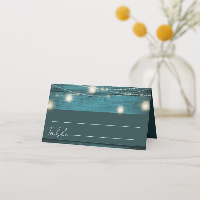 Rustic Boho Blue Wood Bröllop Placeringskort (Baksida)