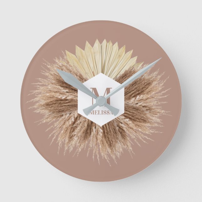 Rustic Boho Bohemian Pampas Grass Monogram Rund Klocka (Framsida)
