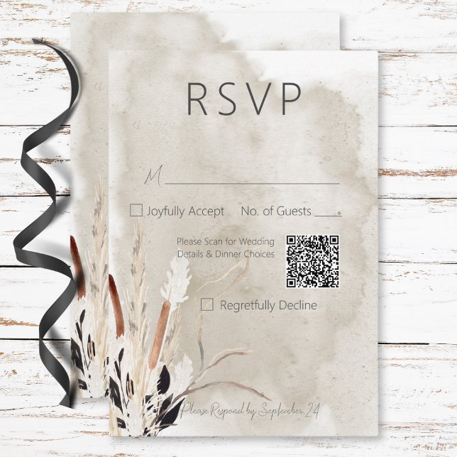 Rustic Boho Bouquet Modern Bröllop QR-kod OSA Kort (Rustic Boho Bouquet Modern Wedding QR Code RSVP Card)