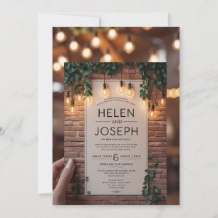 Rustic Boho Brick Wall & String Ljus Bröllop Inv Inbjudningar