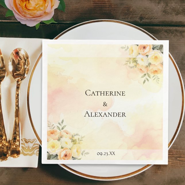 Rustic Boho Bröllop Watercolor Ro Pappersservett (An elegant paper napkin for a wedding reception, with rustic roses, couple's name and wedding date)