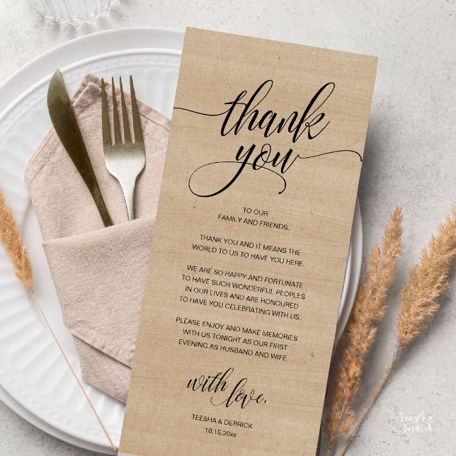 Rustic Boho-bröllopsmottagning - tackkort Program (Modern Rustic Wedding Reception Dinner Lunch Brunch Thank You Card Brown Village Wood )
