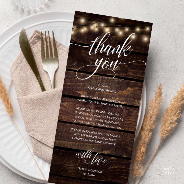 Rustic Boho-bröllopsmottagning - tackkort Program (Modern Rustic Wedding Reception Dinner Lunch Brunch Thank You Card String Lights Dark Wood)